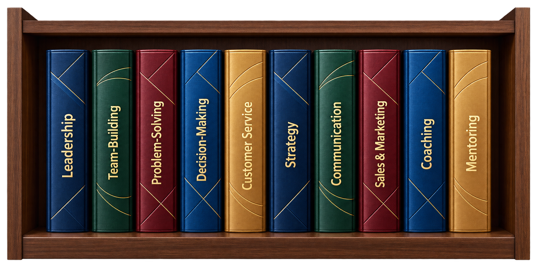 Ten curriculum binders on a bookshelf, with spines titled Leadership, Team-Building, Problem-Solving, Decision-Making, Customer Service, Strategy, Communication, Sales & Marketing, Coaching, and Mentoring